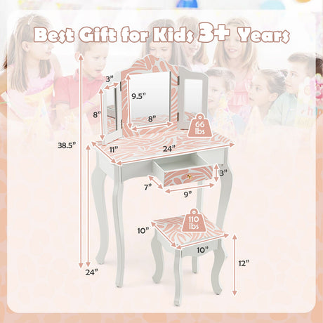 Tocador Infantil 2 en 1 con Espejo Triple Plegable - Rosa