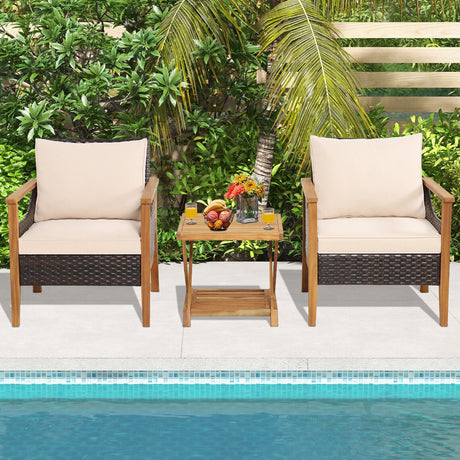 Juego de muebles de mimbre para patio de 3 piezas con mesa auxiliar de 2 niveles y sillones acolchados - Natural