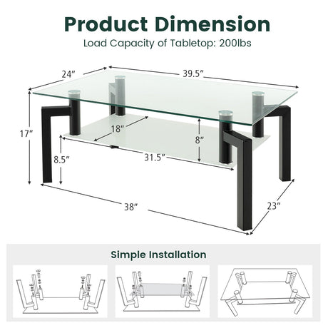 Mesa de centro rectangular de cristal de 2 niveles con patas de tubo de metal - Negro