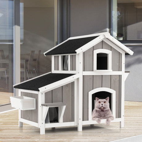 Casa de madera exterior de 2 pisos para gatos salvajes con puerta de escape - Gris