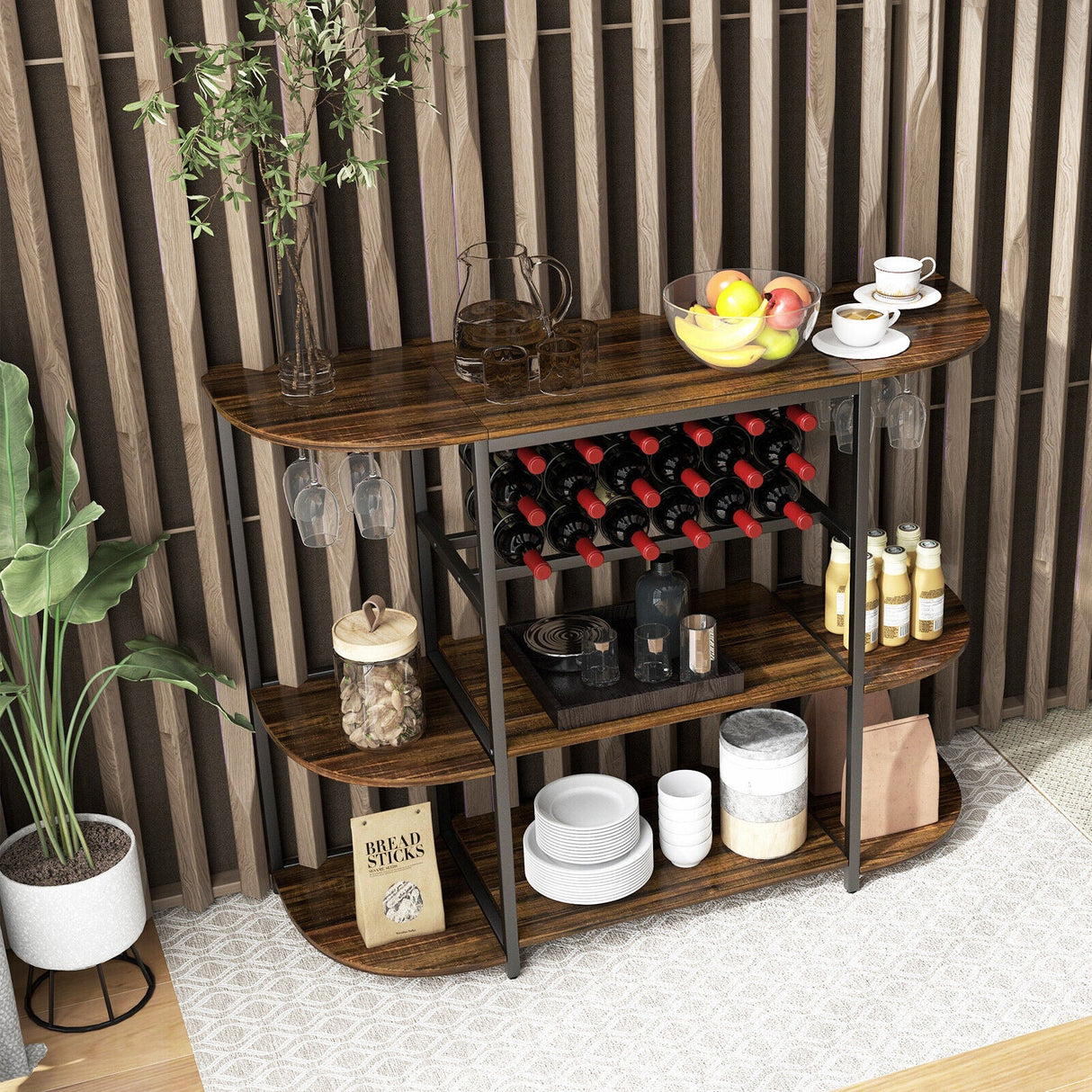 Estante para vinos de 47 pulgadas con portavasos y estantes de almacenamiento