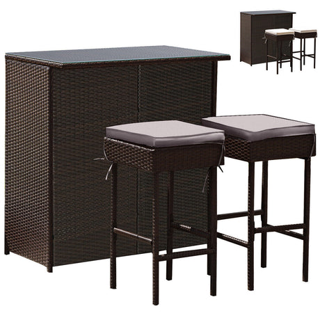 3PCS Patio Rattan Wicker Bar Table Stools Dining Set-Turquoise