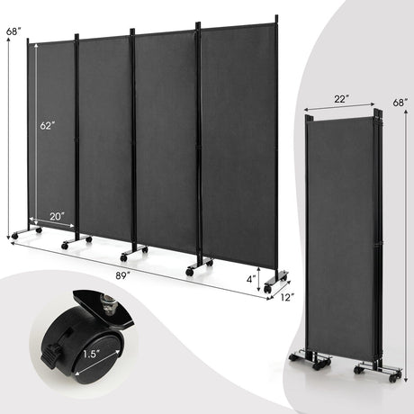 Separador de ambientes plegable de 4 paneles de 1,8 metros, biombo con ruedas bloqueables