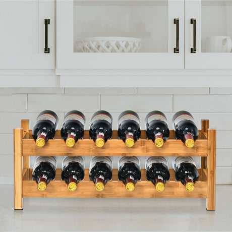 Estante de almacenamiento de bambú de 2 niveles para 12 botellas de vino