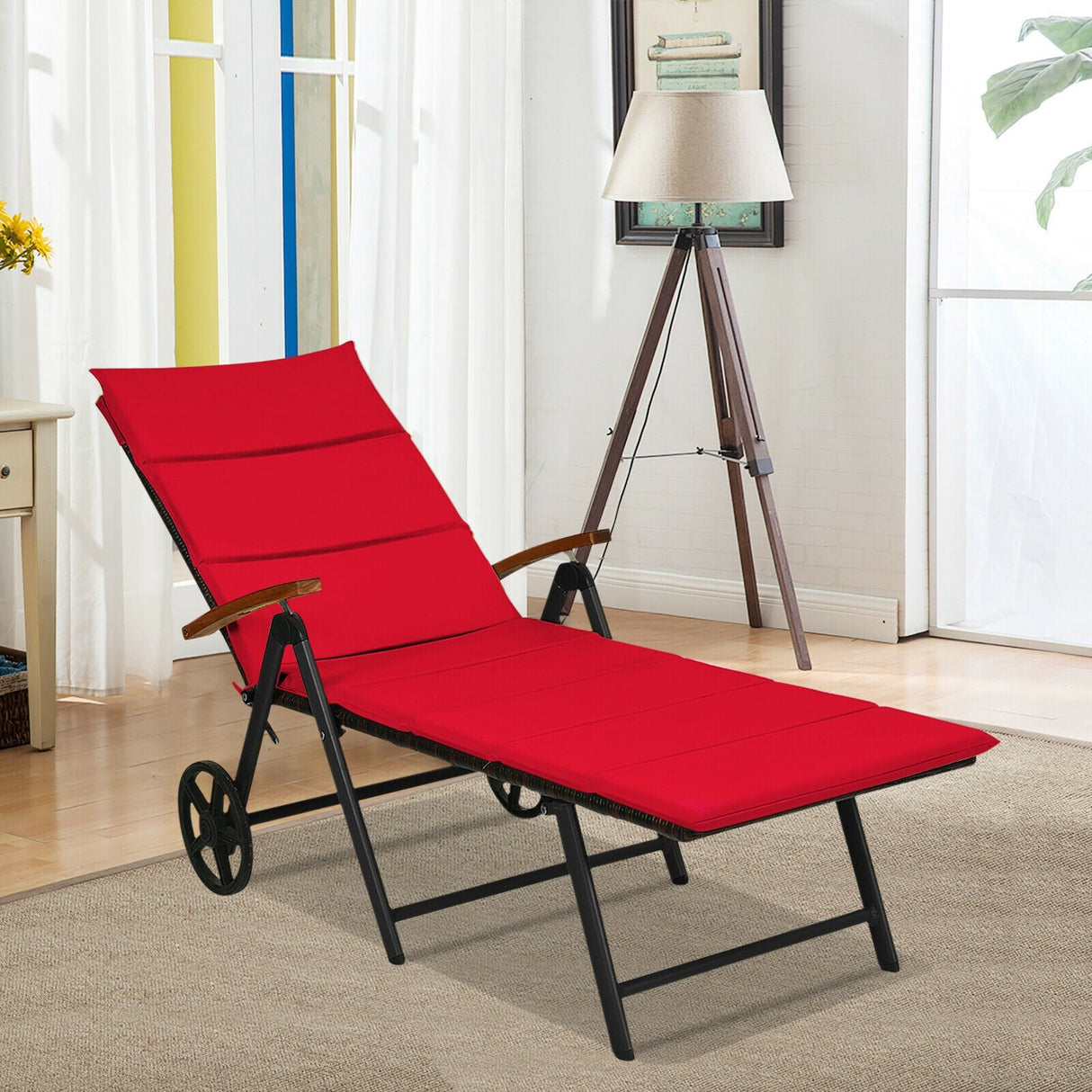 Tumbona plegable de mimbre para patio con ruedas - Roja