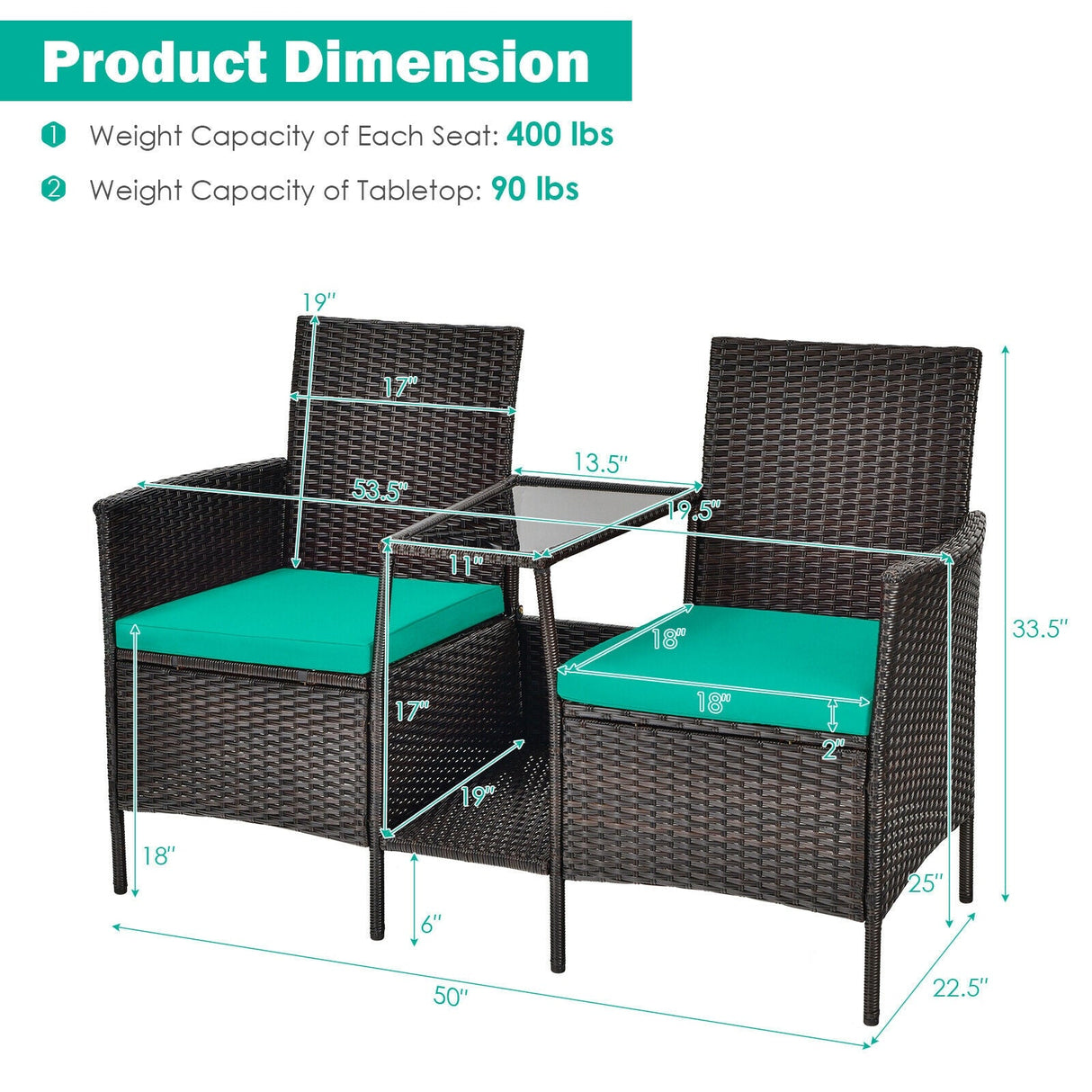 Sofá de mimbre de ratán para patio con cojines, sofá de dos plazas y mesa de vidrio