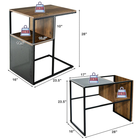 Mesa auxiliar reversible de 2 niveles en forma de C con estante de madera para sala de estar - Marrón