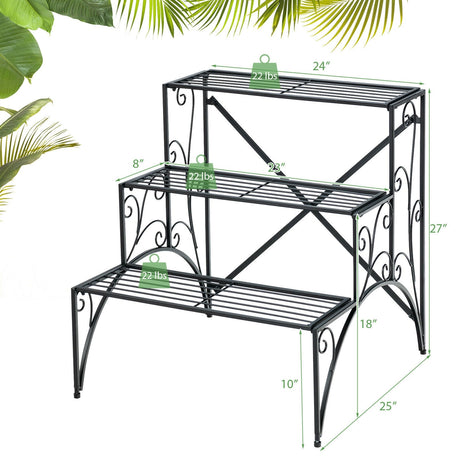 Estantería de metal de 3 niveles para plantas con estante de rejilla ampliado para jardín o porche - Negra
