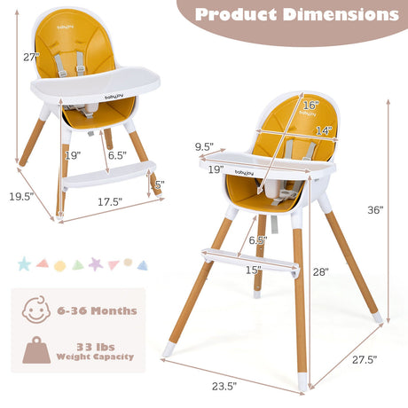 Silla alta convertible 4 en 1 para bebés, silla de alimentación infantil con bandeja ajustable