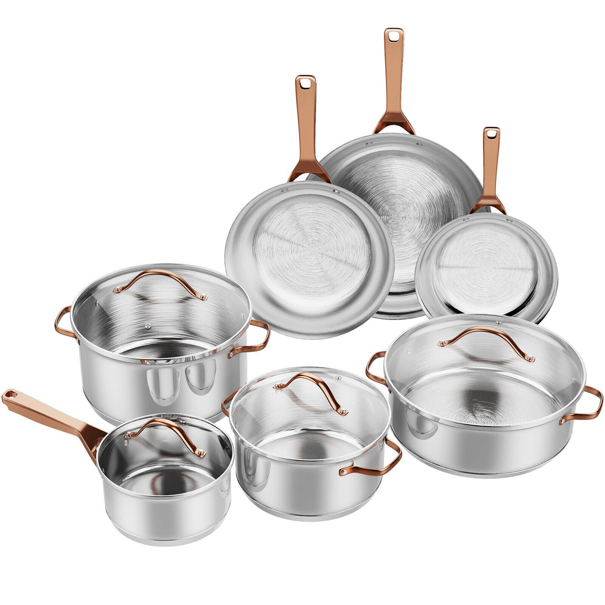 Juego de utensilios de cocina de acero inoxidable de 11 piezas con asas doradas que no se calientan