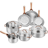 Juego de utensilios de cocina de acero inoxidable de 11 piezas con asas doradas que no se calientan