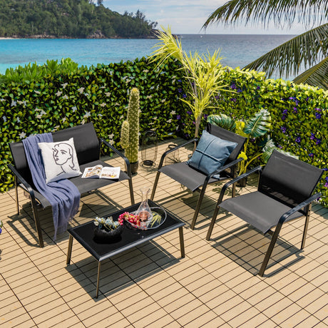Juego de muebles de patio de 4 piezas con sofás biplaza con reposabrazos y mesa de vidrio para terraza