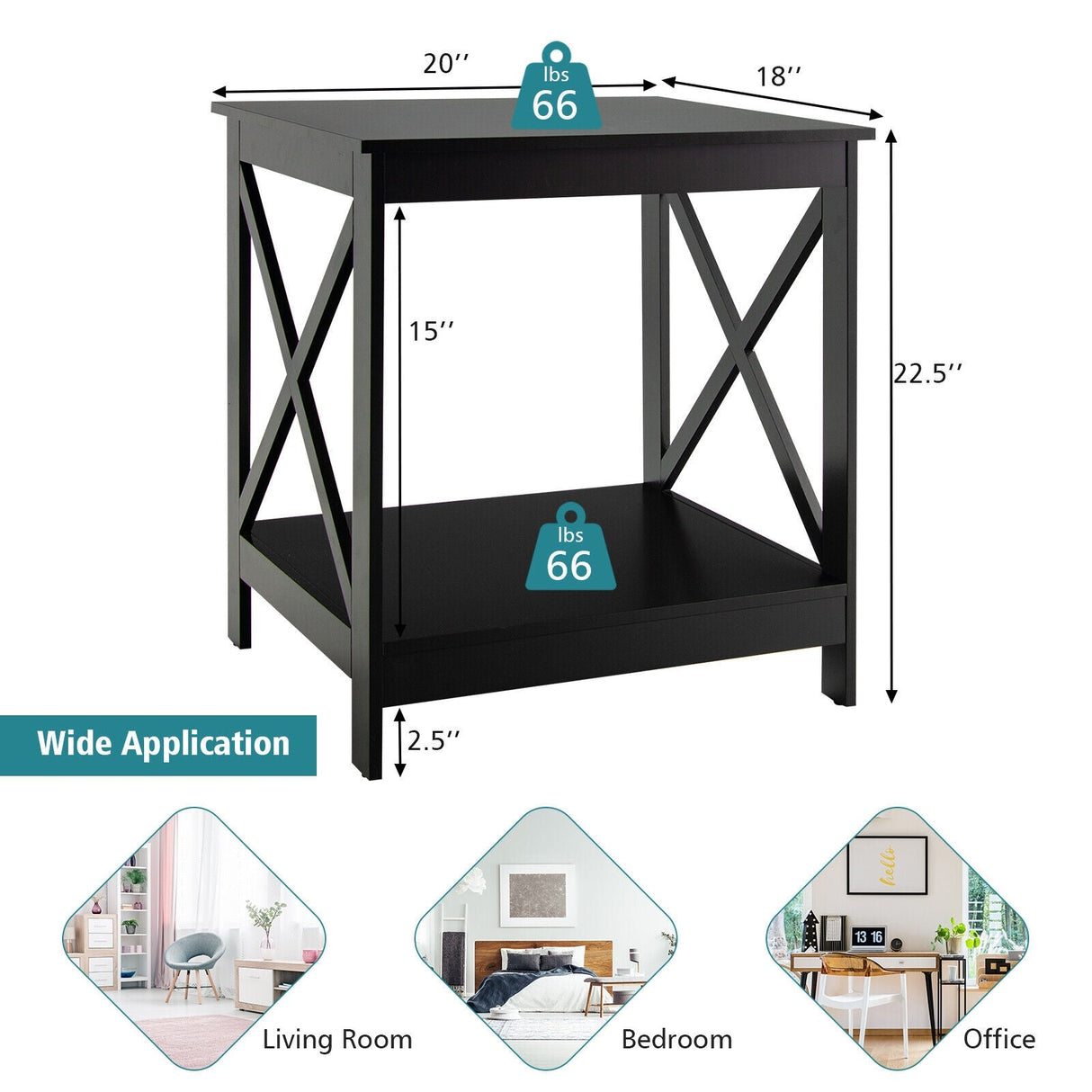 Mesa auxiliar de 2 niveles con diseño en forma de X y 4 patas sólidas