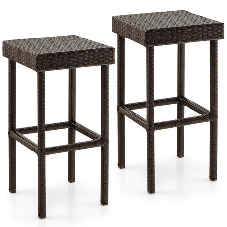 2 Taburetes de bar de ratán de mimbre para patio - Marrón