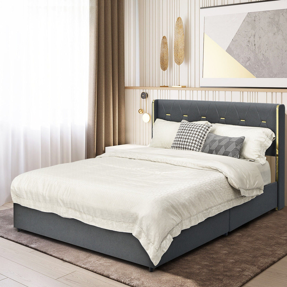 Base de cama tapizada tamaño matrimonial/queen con 4 cajones de almacenamiento