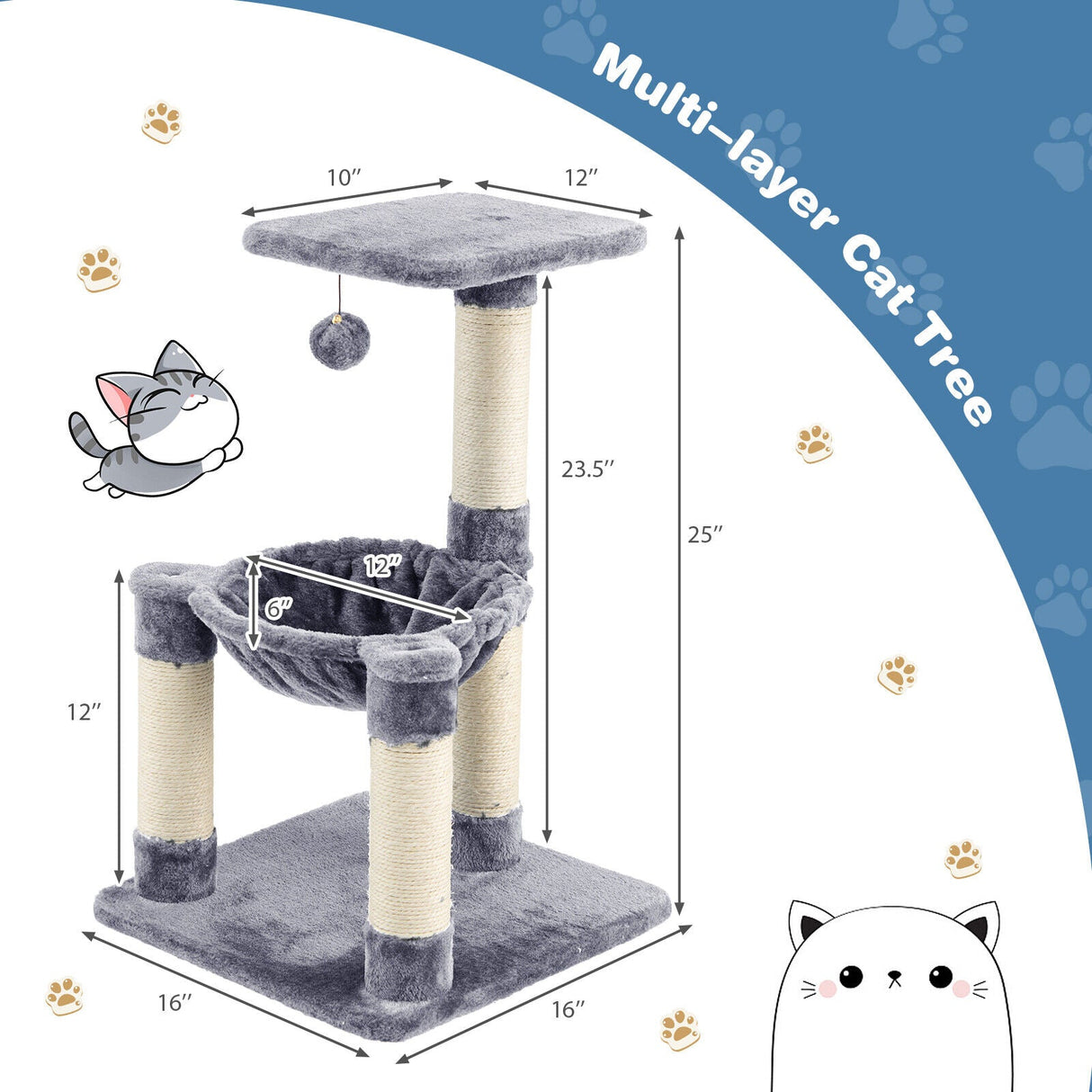Árbol rascador multinivel con postes rascadores y hamaca para gatos