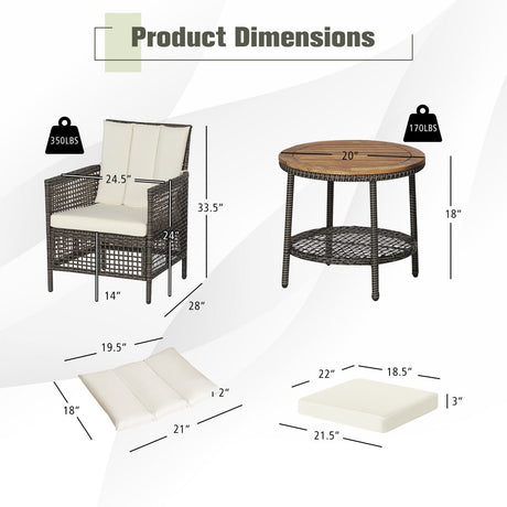 Juego de muebles de patio de ratán de 3 piezas con sofás acolchados y mesa con tapa de madera - Blanco