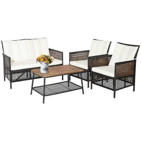 Juego de muebles de patio de ratán de 4 piezas con mesa de centro de 2 niveles - Blanco