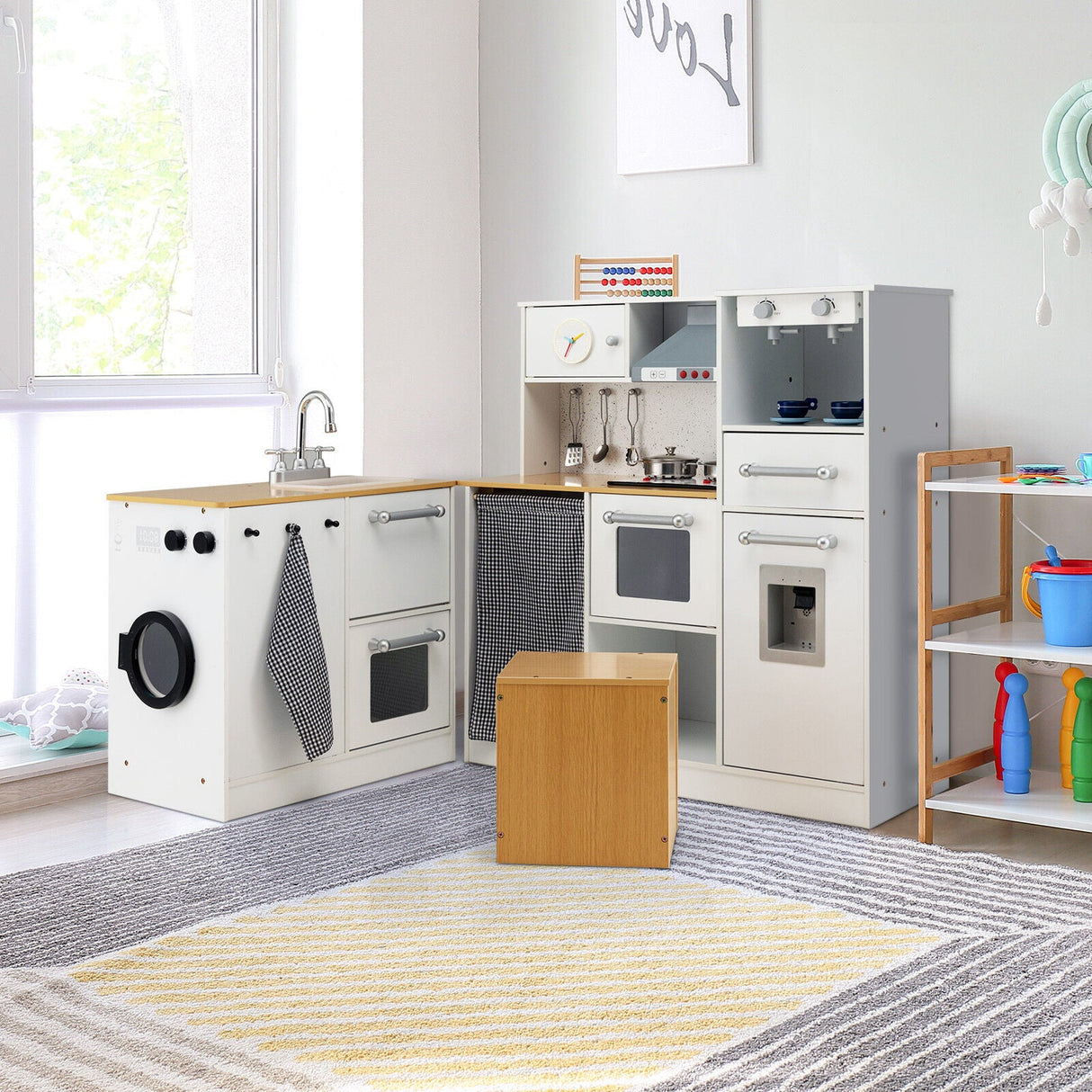 Juego de cocina infantil de madera de 2 piezas con luz y sonido