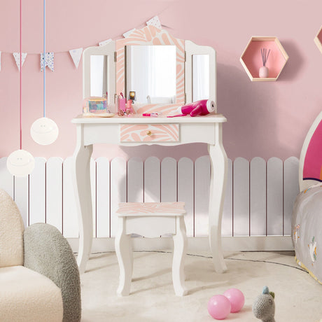 Tocador Infantil 2 en 1 con Espejo Triple Plegable - Rosa