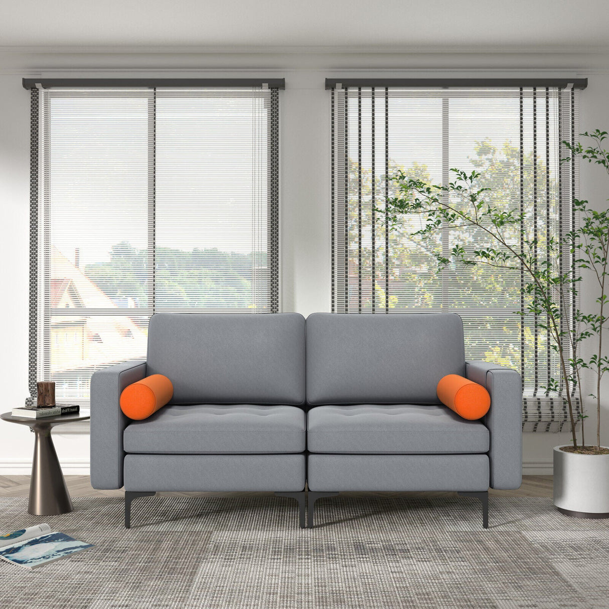 Sofá biplaza moderno con 2 cojines cilíndricos y bolsillo lateral de almacenamiento - Gris