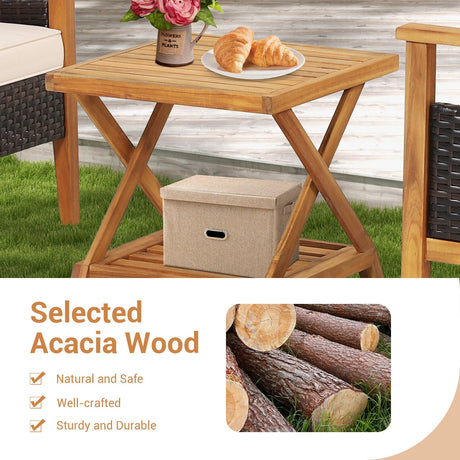 Juego de muebles de mimbre para patio de 3 piezas con mesa auxiliar de 2 niveles y sillones acolchados - Natural