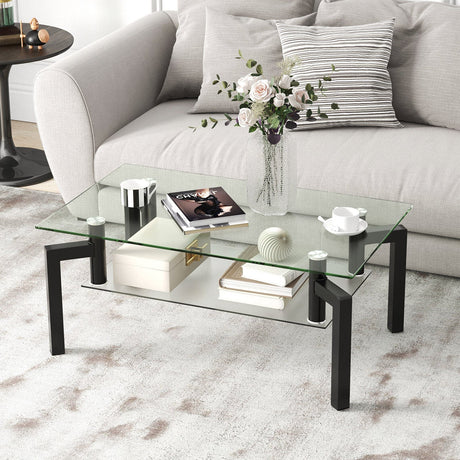 Mesa de centro rectangular de cristal de 2 niveles con patas de tubo de metal - Negro