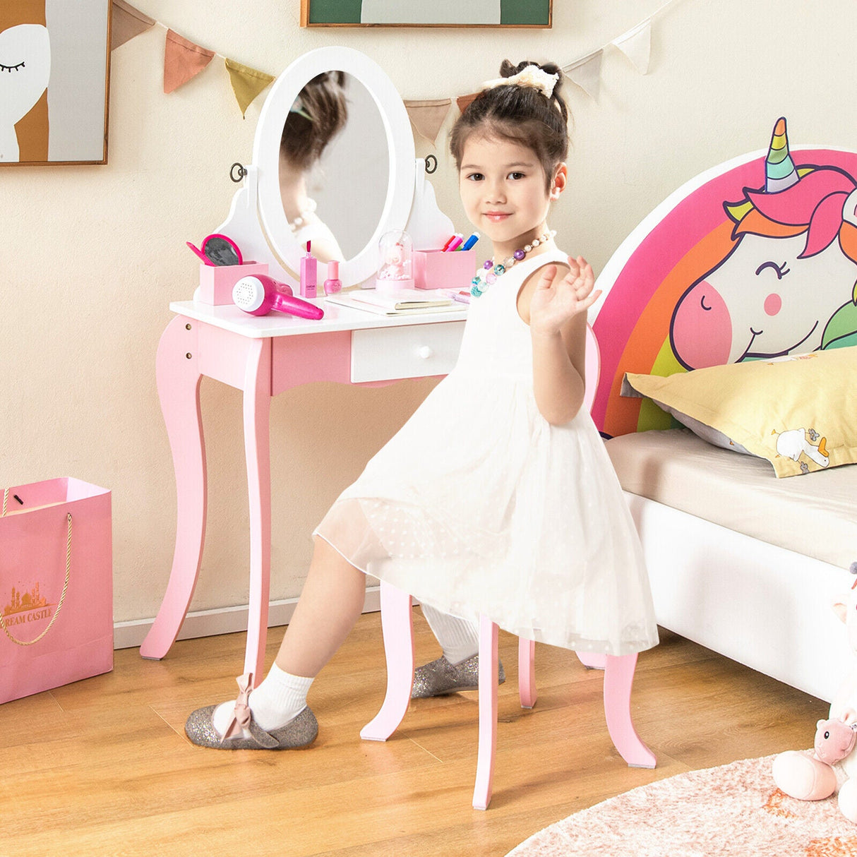 Tocador de juguete para niños con espejo giratorio 360° y accesorios de juego