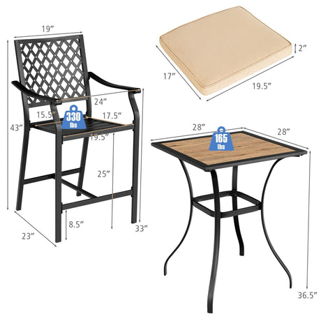 Juego de bar para patio de 3 piezas con 2 taburetes y 1 mesa cuadrada