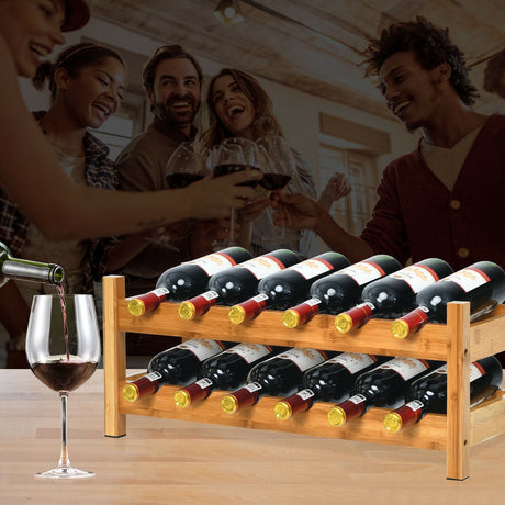 Estante de almacenamiento de bambú de 2 niveles para 12 botellas de vino