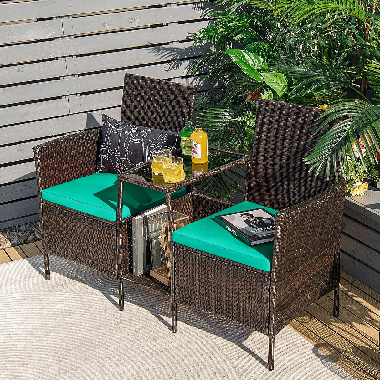 Sofá de mimbre de ratán para patio con cojines, sofá de dos plazas y mesa de vidrio