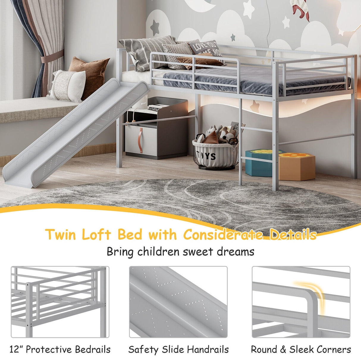 Litera doble de metal con tobogán, barandillas de seguridad y escalera integrada