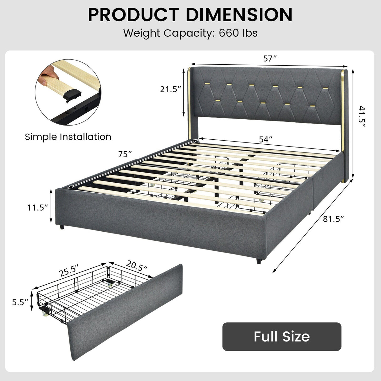 Base de cama tapizada tamaño matrimonial/queen con 4 cajones de almacenamiento