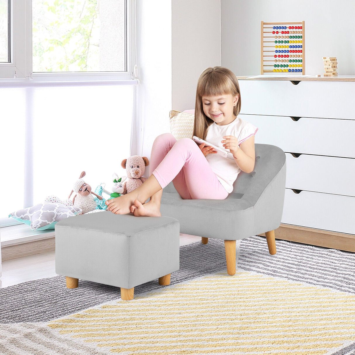 Sillón Sofá Infantil Tapizado en Terciopelo Suave con Otomana