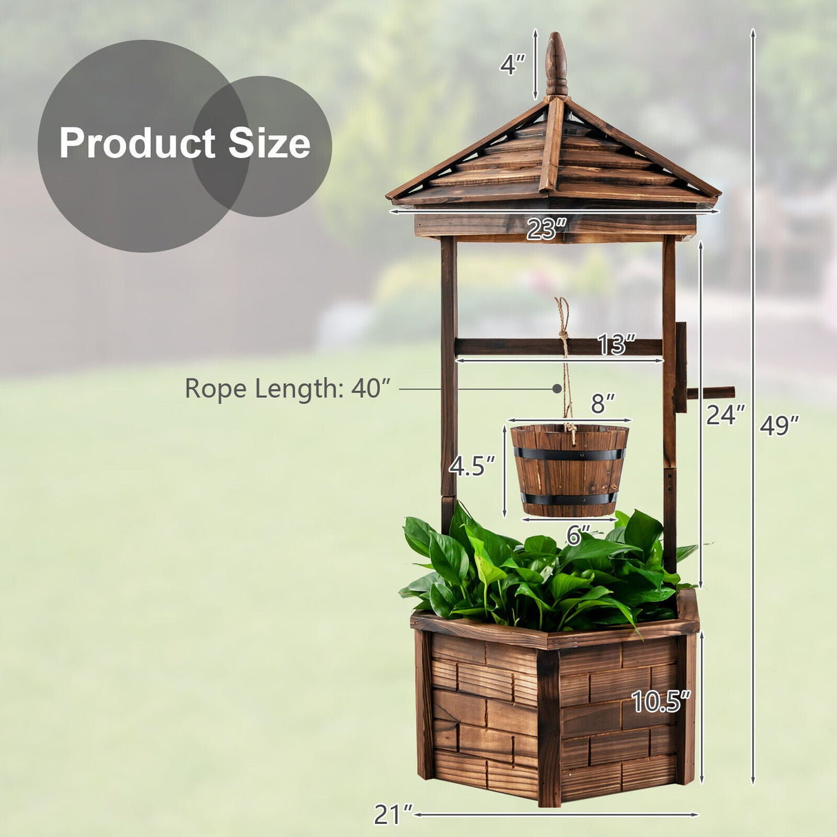 Pozo de los deseos rústico de madera con cubo colgante ajustable – Marrón