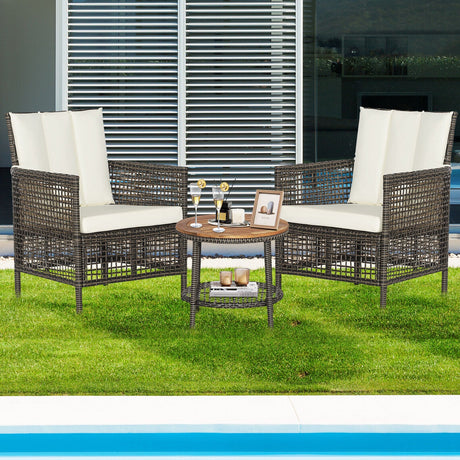 Juego de muebles de patio de ratán de 3 piezas con sofás acolchados y mesa con tapa de madera - Blanco