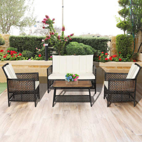 Juego de muebles de patio de ratán de 4 piezas con mesa de centro de 2 niveles - Blanco