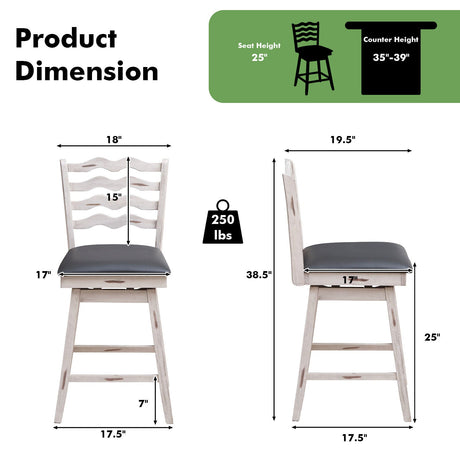 Taburetes de bar giratorios 360° con estructura de madera de caucho, respaldo y reposapiés ergonómicos