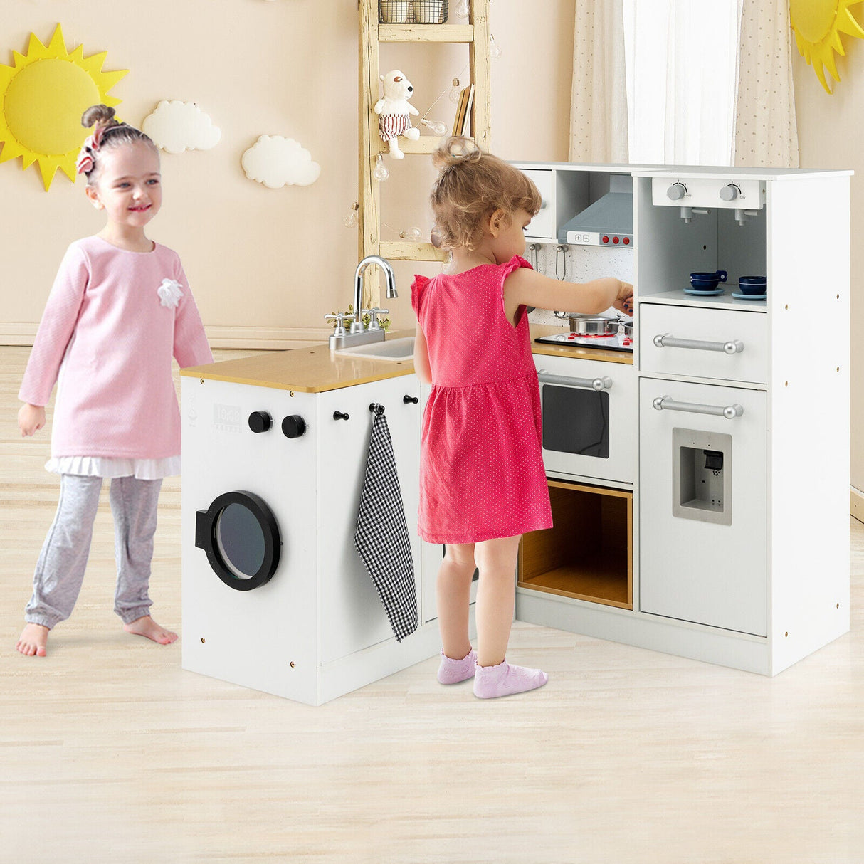 Juego de cocina infantil de madera de 2 piezas con luz y sonido