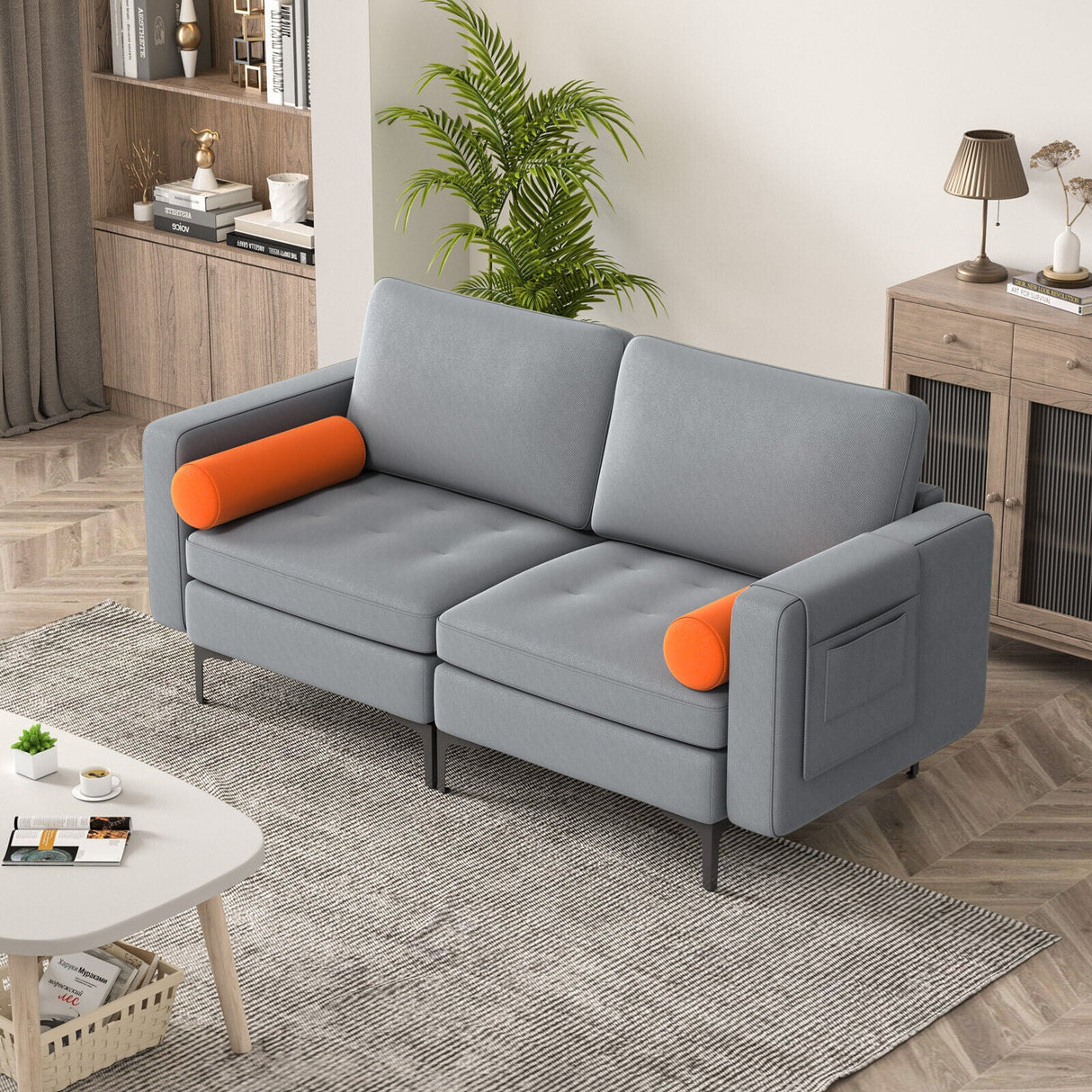 Sofá biplaza moderno con 2 cojines cilíndricos y bolsillo lateral de almacenamiento - Gris
