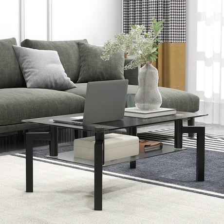 Mesa de centro rectangular de cristal de 2 niveles con patas de tubo de metal - Negro