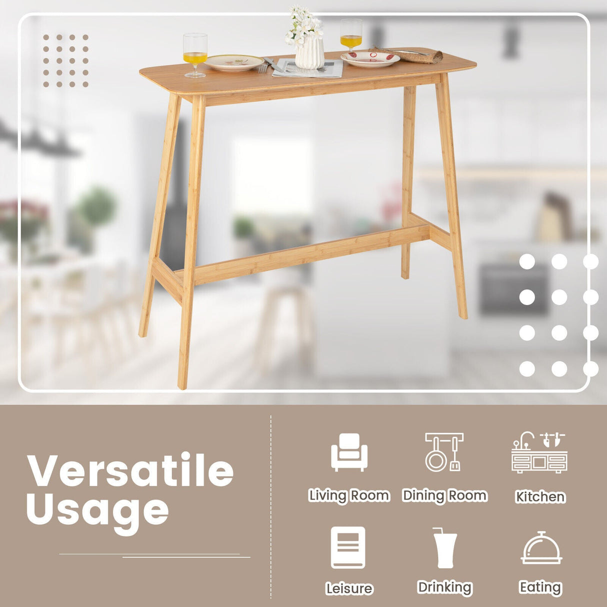 Mesa Alta de Bambú de 48 Pulgadas, Mesa de Consola de Comedor Tipo Bar-Natural