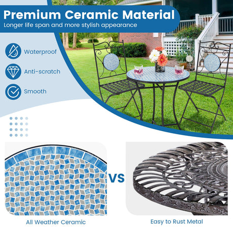 Juego de bistró para patio de 3 piezas, muebles de exterior, mesa y sillas con mosaico