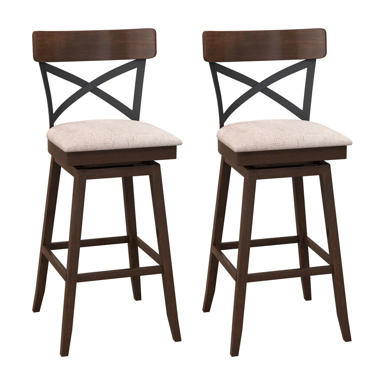 Juego de 2 taburetes de bar giratorios de madera con asiento acolchado y respaldo en X abierto