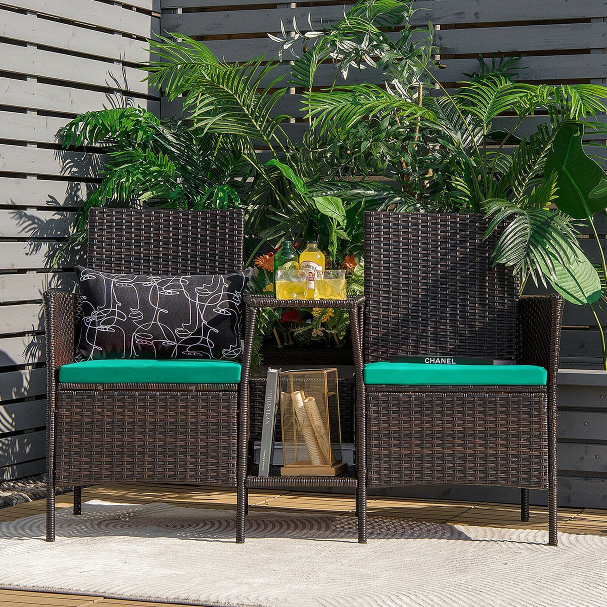 Sofá de mimbre de ratán para patio con cojines, sofá de dos plazas y mesa de vidrio