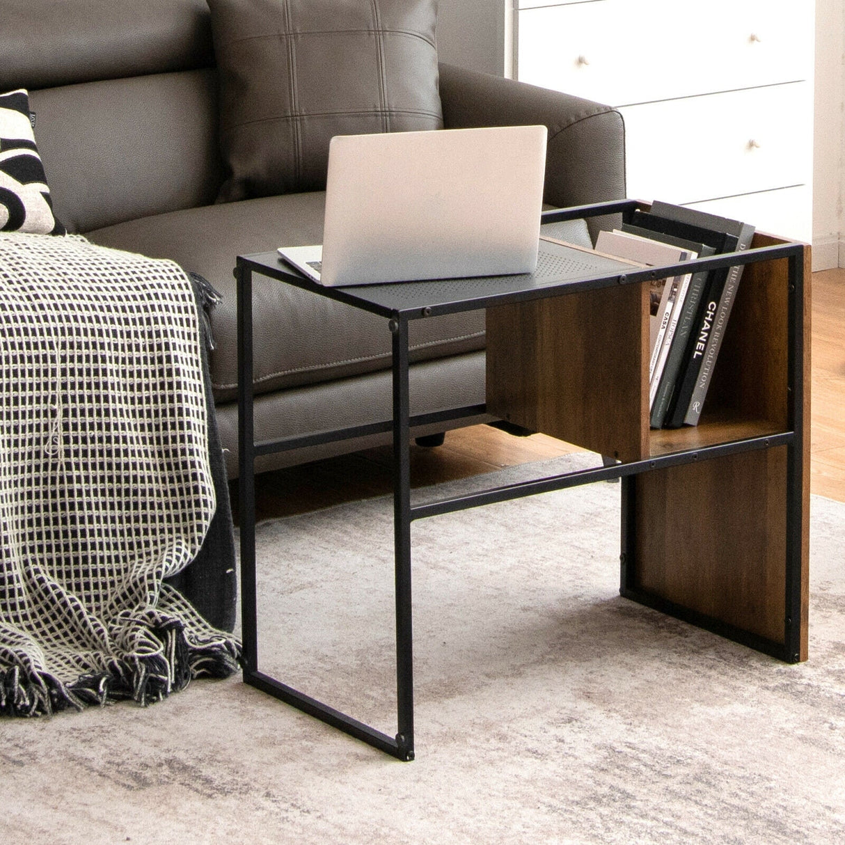 Mesa auxiliar reversible de 2 niveles en forma de C con estante de madera para sala de estar - Marrón