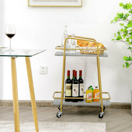 Carro de cocina rodante de 2 niveles con estructura de acero y ruedas con freno-Gris