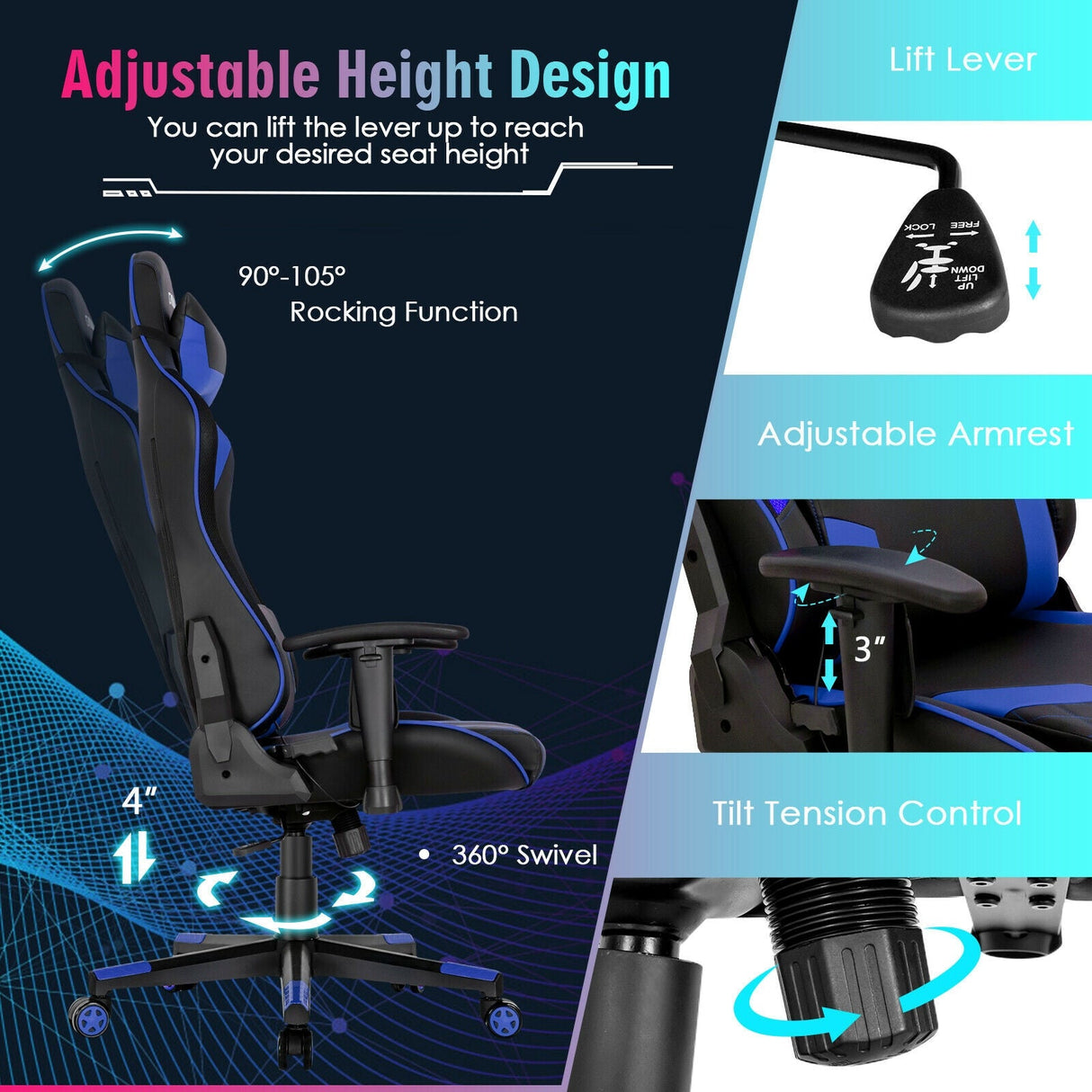 Silla Gamer Ajustable Giratoria para Computadora con Luces LED Dinámicas