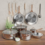 Juego de utensilios de cocina de acero inoxidable de 11 piezas con asas doradas que no se calientan