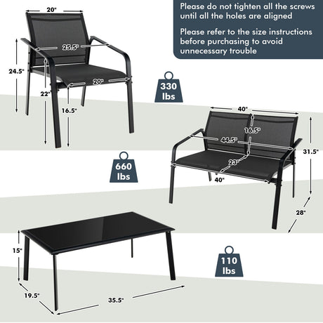 Juego de muebles de patio de 4 piezas con sofás biplaza con reposabrazos y mesa de vidrio para terraza